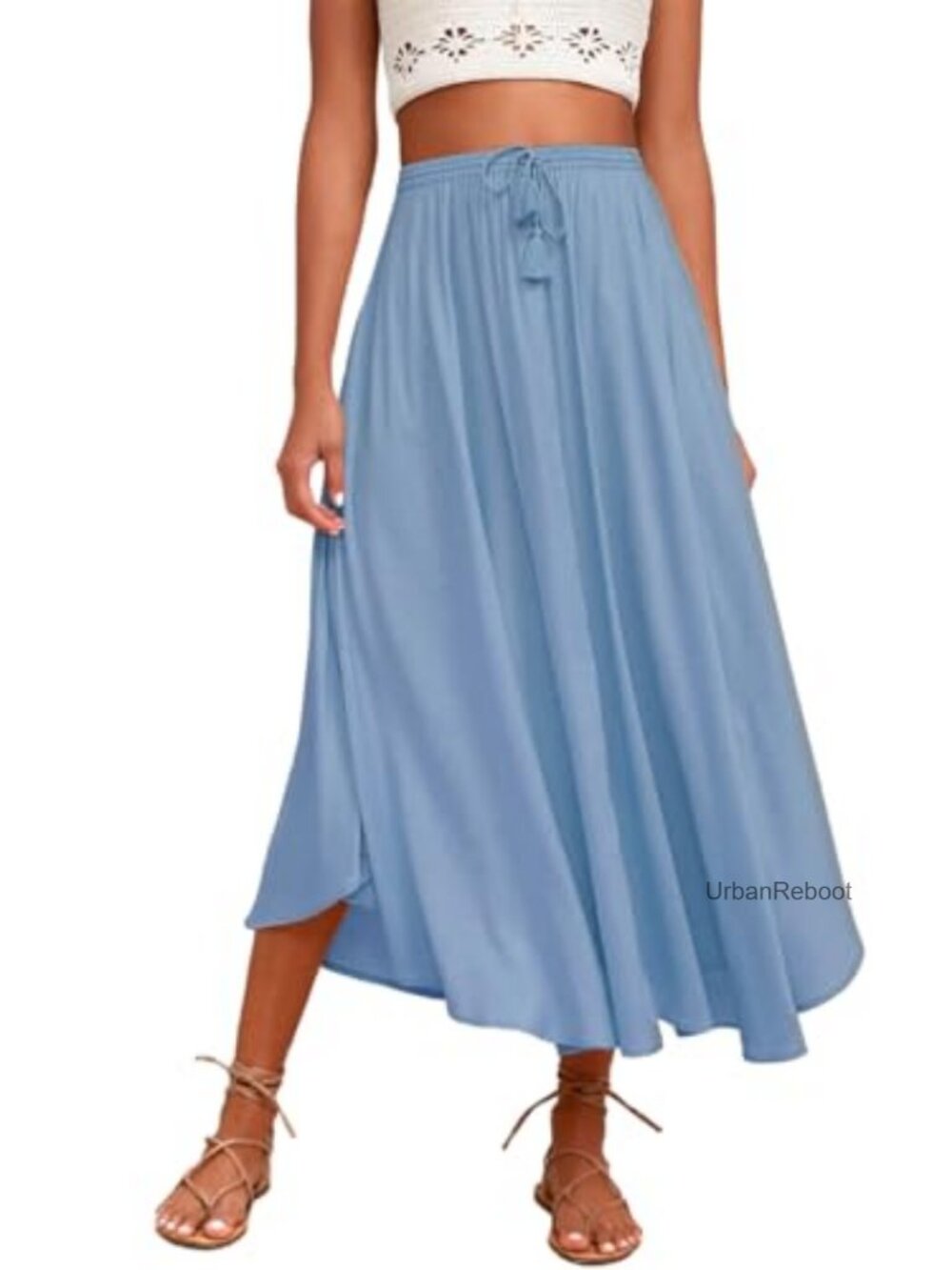 Flowy Pleated A-Line Midi Skirt High Waisted Elastic Boho Casual Long Skirts